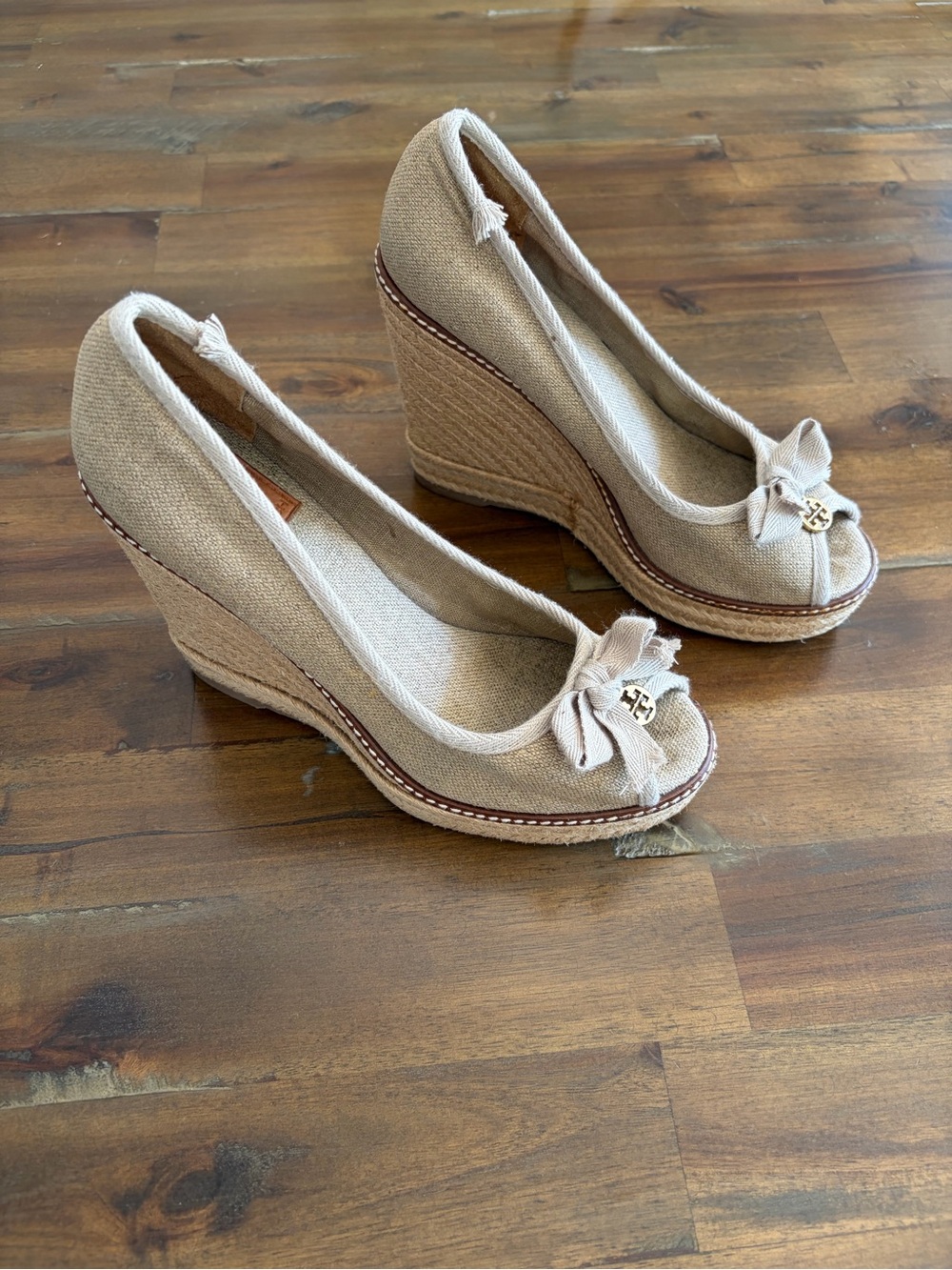 Women's Tan Wedge Espadrille Wedge Pumps with Bow